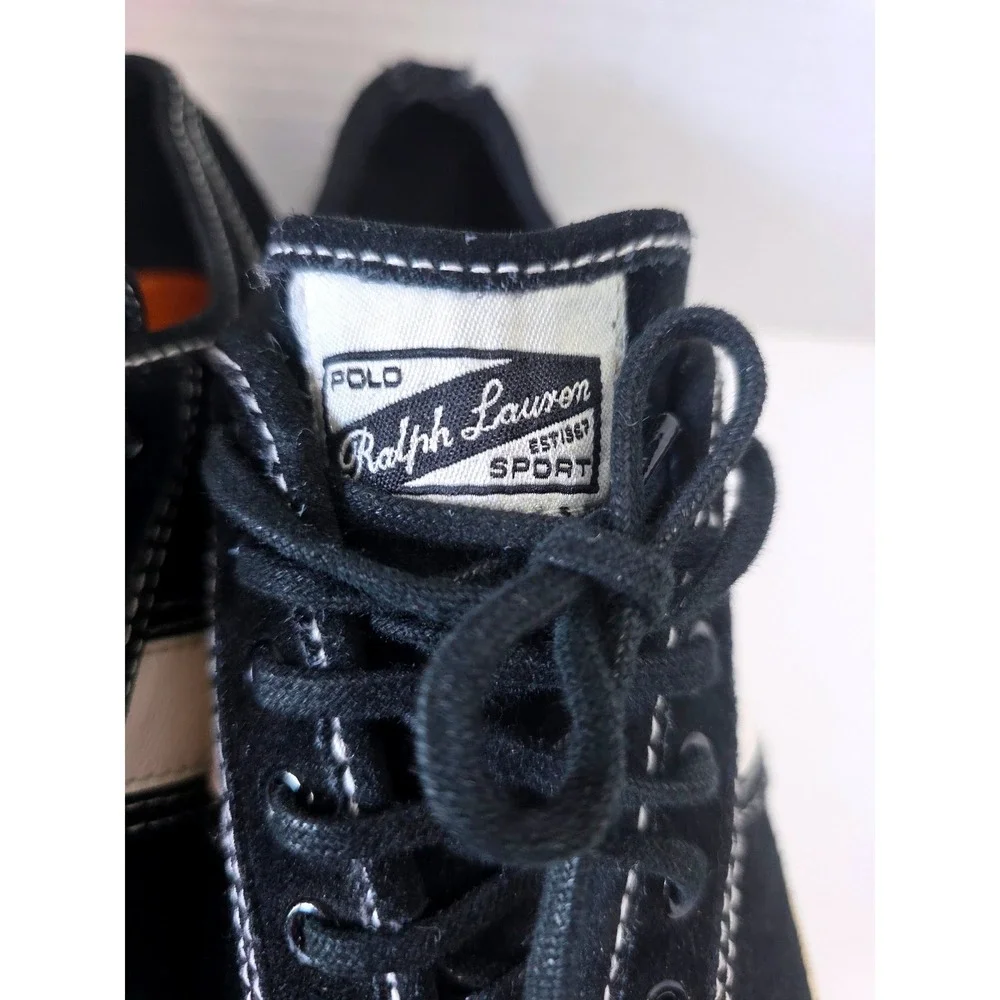 Polo‎ Sport Ralph Lauren Black Suede Low Top Sneakers White Stripe 8B Retro 90s